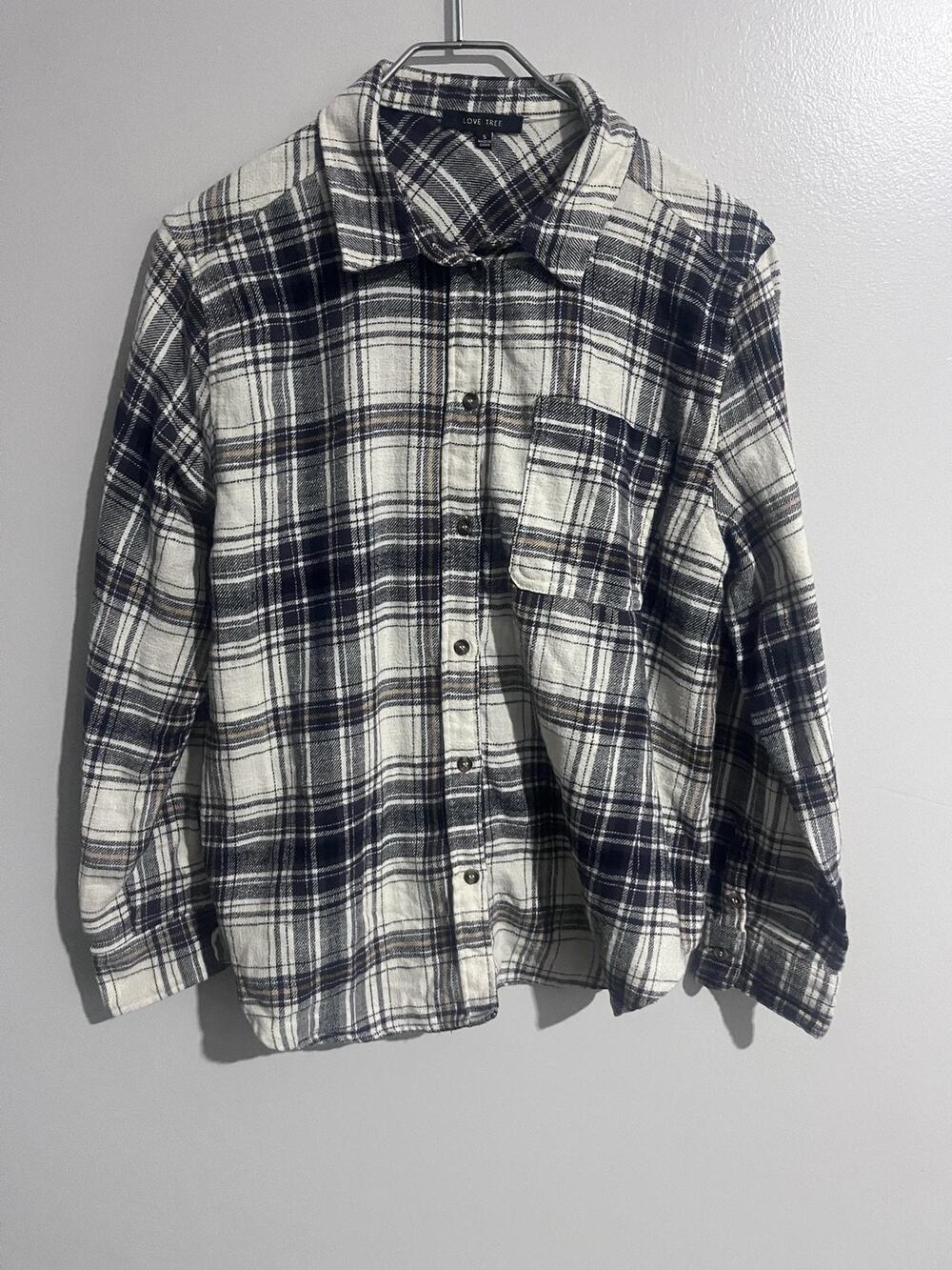 Love Tree Button-Up Womens S White Plaid Flannel Collared Long Sleeve Casual
